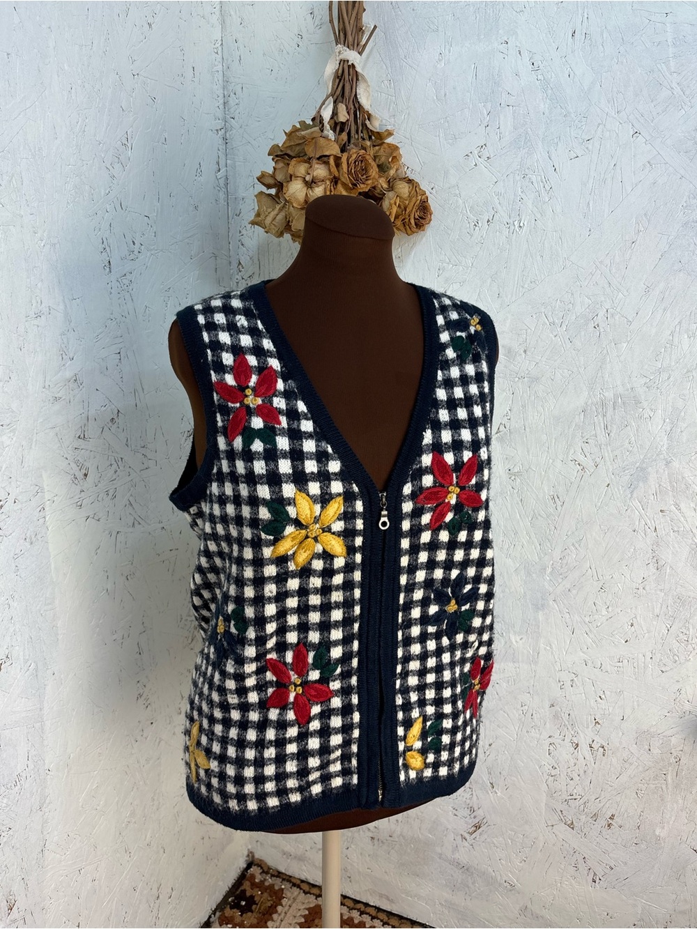 Vintage Cottagecore Gingham Embroidered Floral Zip Cardigan Dark Navy Large
